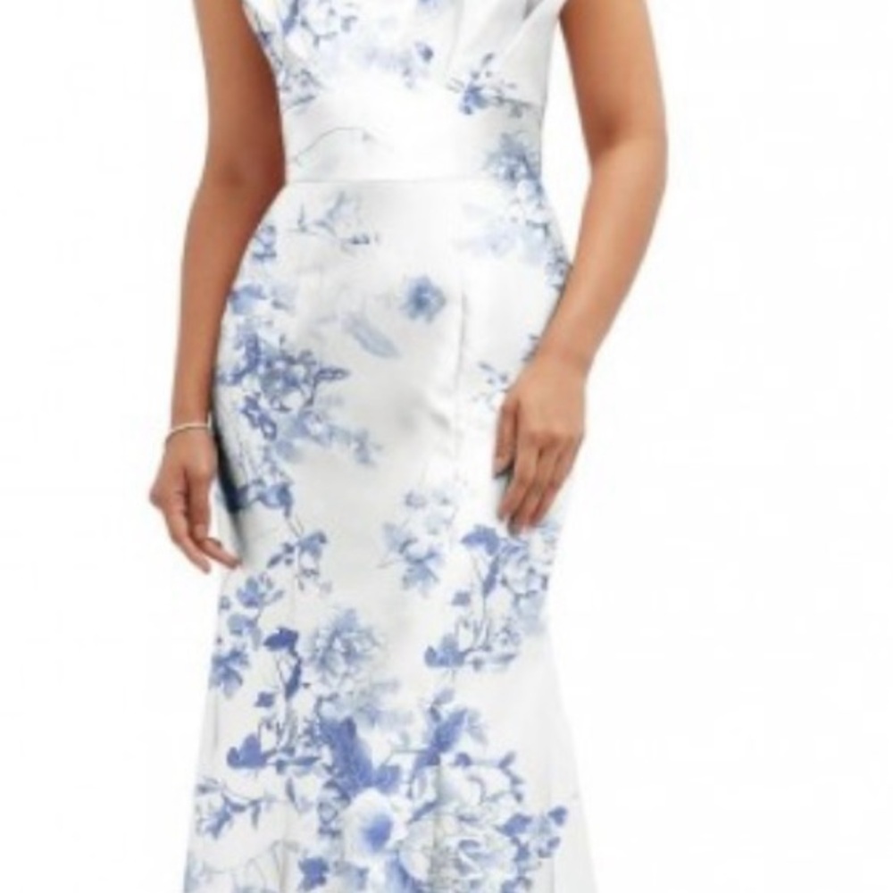 ALFRED SUNG Blue and White Sheath Maxi Dress
